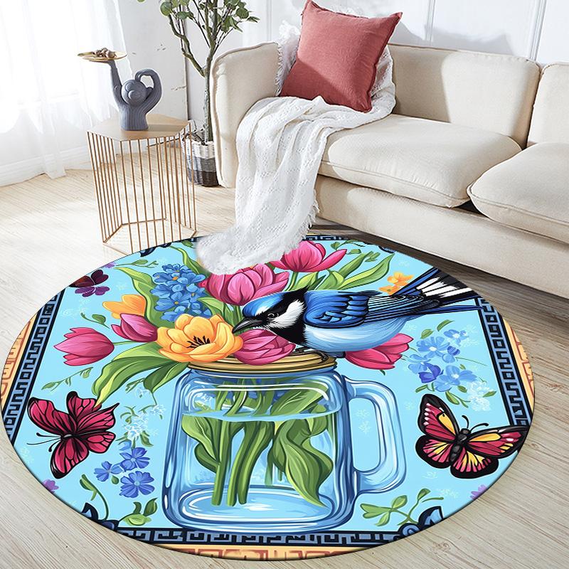 Blue Bird,Round Area Rug,Carpet Rug for Living Room Bedroom Sofa Playroom Decor,Non-slip Floor Mat