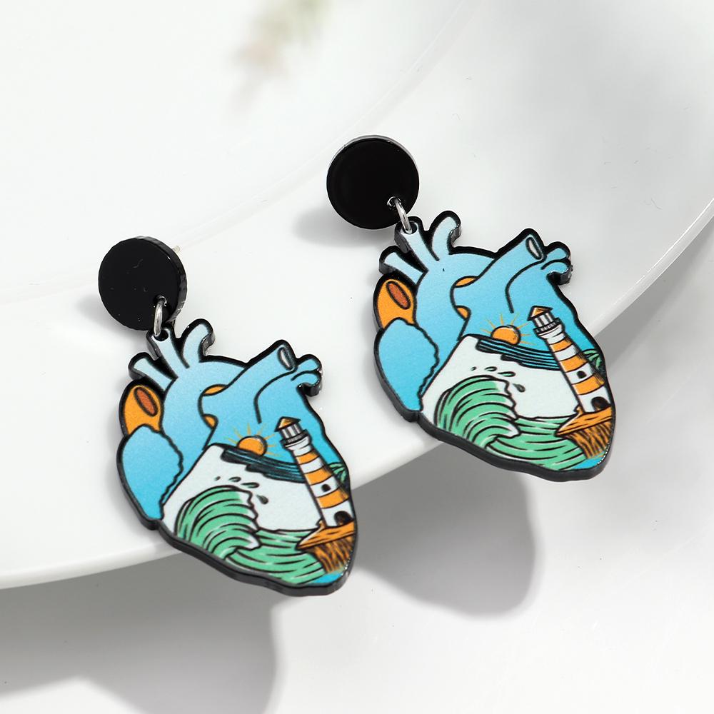 Gothic Skull Ticker Acrylic Print Earrings for Women Horror Cartoon skeleton Heart Bottle Pendant Earring Halloween Jewelry Gift