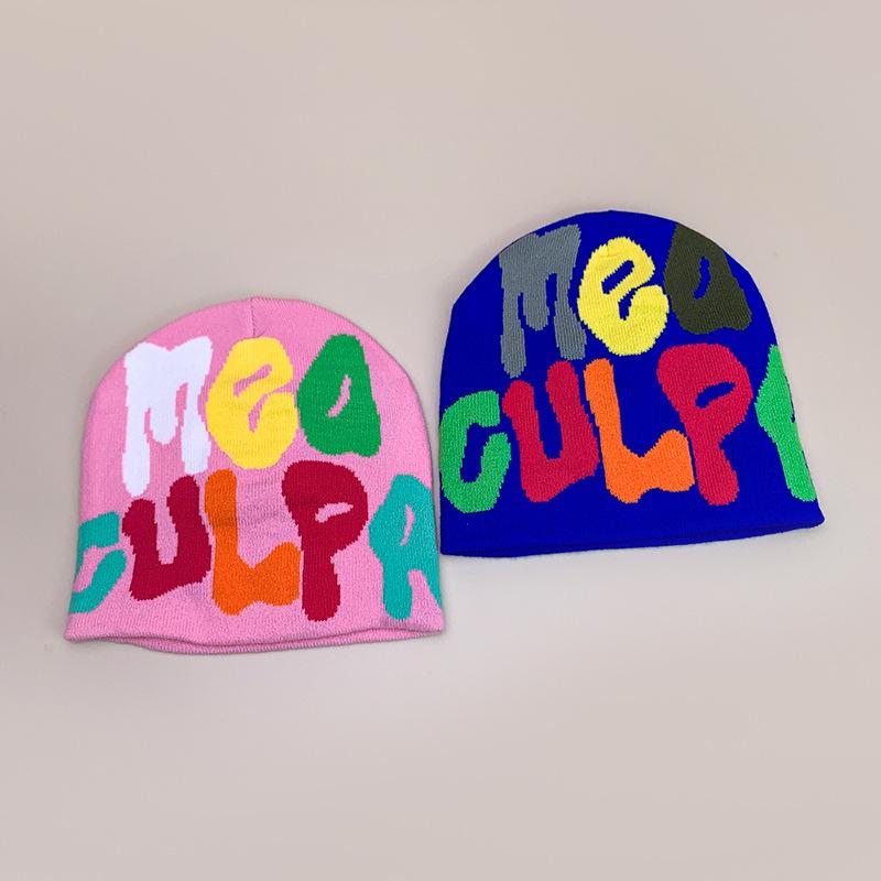 Hip Hop Color Letter Jacquard Knitted Hat Men'S And Women'S Warm Retro American Contrast Colour Pullover Hat