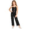Girls Disco Latin Dance Jumpsuit Multi Layer Shiny Sequin Tassels Sleeveless Adjustable Straps Long Pants