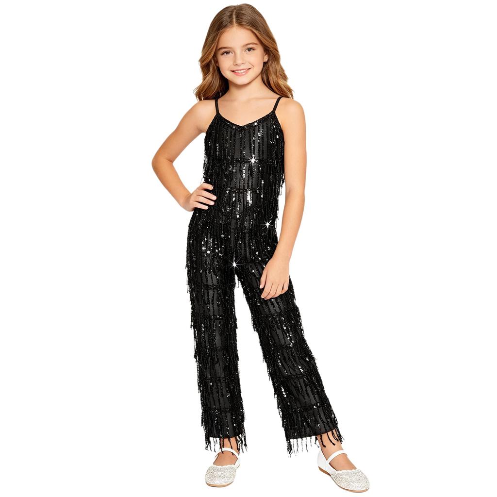 Girls Disco Latin Dance Jumpsuit Multi Layer Shiny Sequin Tassels Sleeveless Adjustable Straps Long Pants