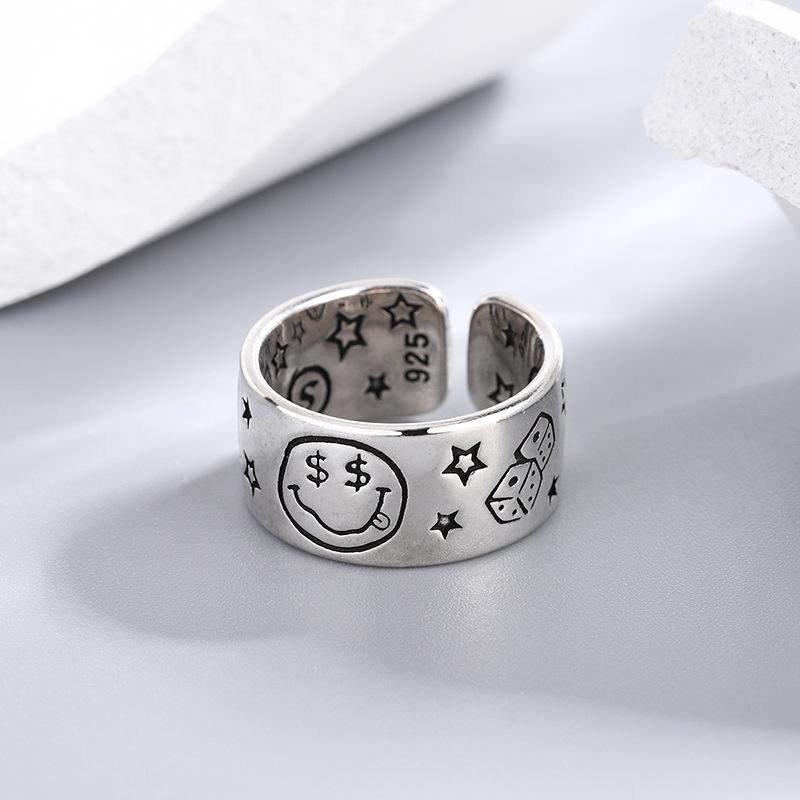 Retro Smile Face Poker Dice Ring For Men Silver Plated Copper New School Punk Gothic Adjustable Ring Unisex Jewelry Accessories