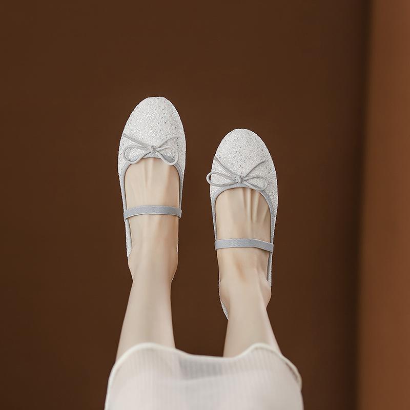 Fashion Round Toe Silver Glitter Flat Shoes Woman Elastic Band Bowtie Ballet Flats Bling Bling Flat Heel Mocasines Women Slip On Loafers