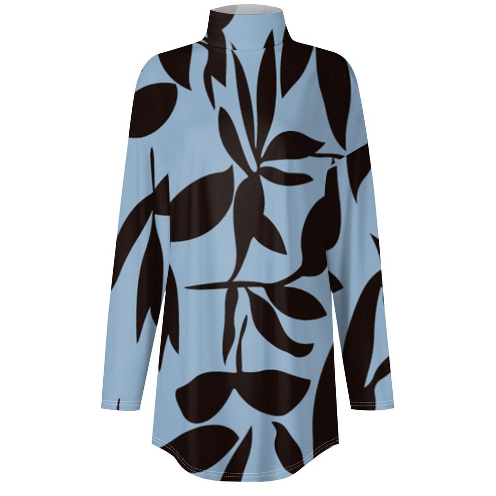 Women's Fashionable Casual High Neck Printed Long Sleeve T-Shirt Pullover Top