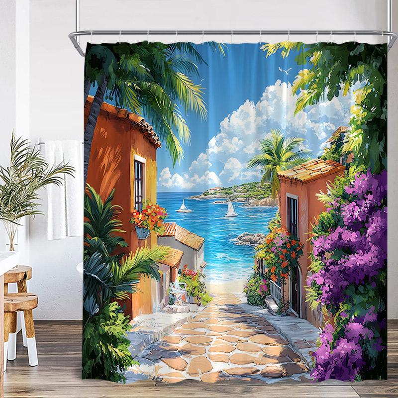 Greek Mediterranean Shower Curtain Purple Flowers Blue Door Window White Architecture Nature Landscape Bathroom Curtains Decor
