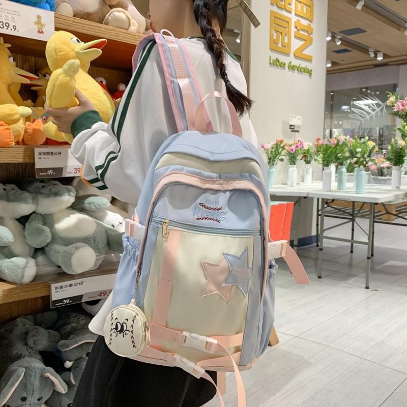 Blocked Fashionable Color Letter Embroidery Star Decoration Student Backpack