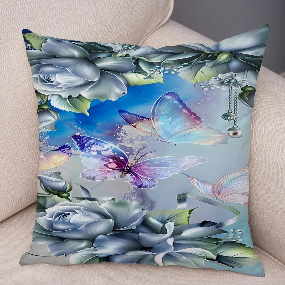 Tecknad Blomma Fjäril Djur Kuddfodral Dekor Blomma Kuddfodral för Soffa Hem Bil Fantasi Skog Mjuk Plysch Kuddfodral