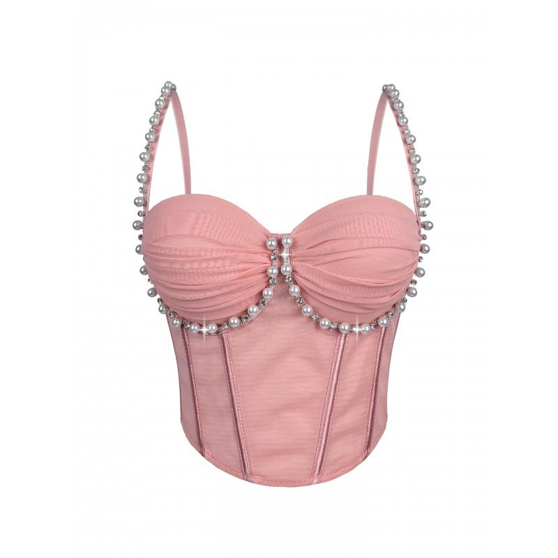 Pearl Pleated Fishbone Corset Mesh Underwire Strap Top Sexy Slim Fit Bustier Women