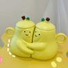 2Pcs Pear Shaped Ceramic Mug with Lid Cute Unique Coffee Tea Cup with Smiling Face 450ml Capacity Couple Hug Mugs Gift for Birthday Home Decor
