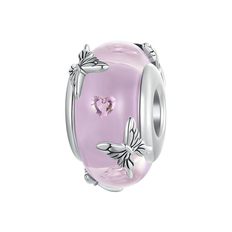 WOSTU 925 Silver Transparent Pink Glass Butterfly Charm Insect Flower Murano Beads Bracelet & Bangle Jewelry Gift