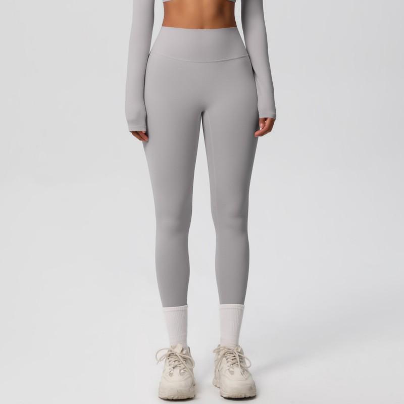 Womens High-Waisted Sports Leggings Solid Color Quick-Dry Double-Sided Brushed Yoga Running Fitness