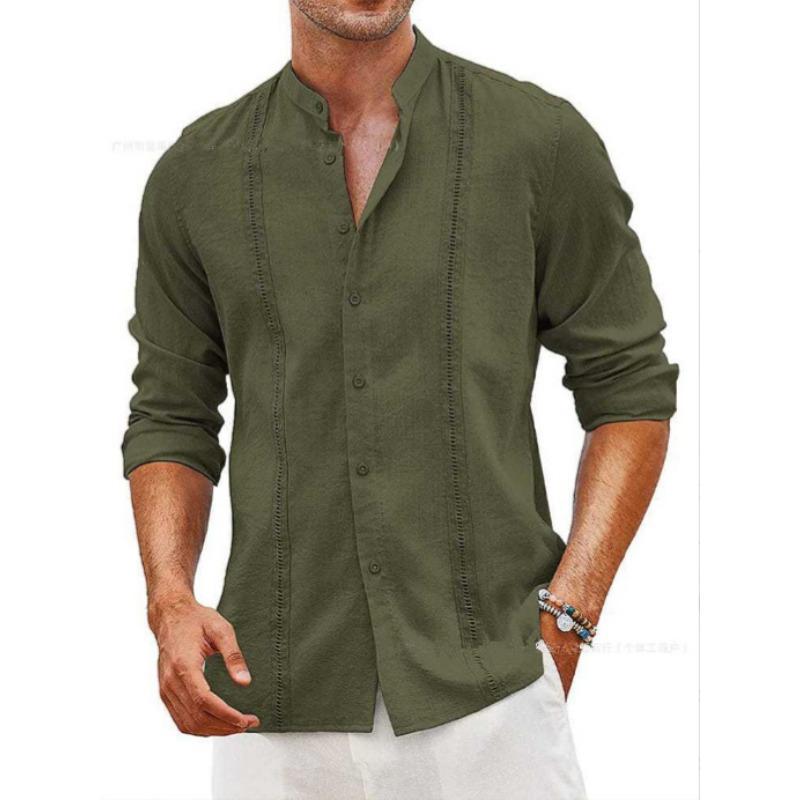 Cotton linen shirt stand-up collar European and American men's casual buttons summer beach vacation