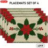 4/6pcs, 2D Flat Christmas Poinsettia Placemats, Red Poinsettia Flowers, Dark Green Leaves, And Red Berry Linen Placemats, Suitable for Kitchen Table D