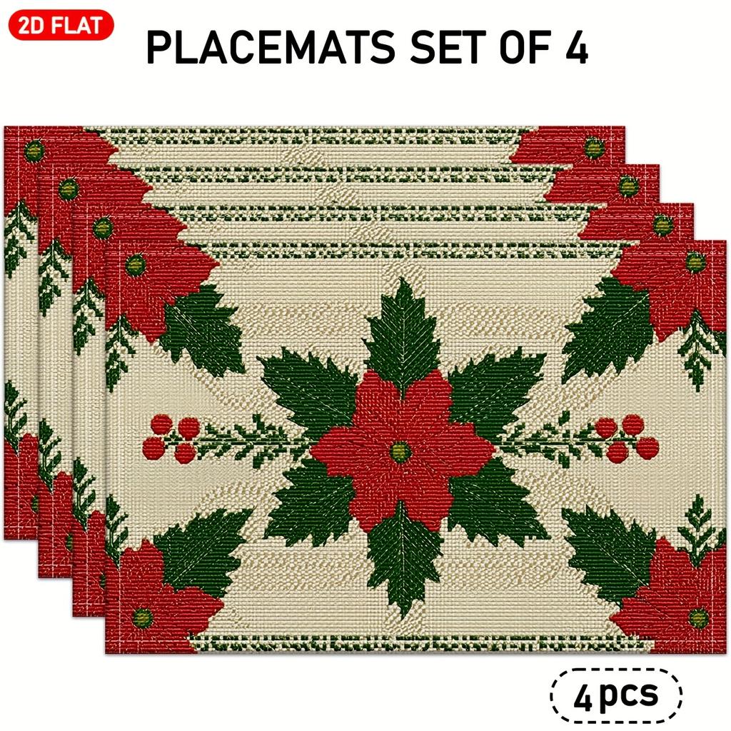 4/6pcs, 2D Flat Christmas Poinsettia Placemats, Red Poinsettia Flowers, Dark Green Leaves, And Red Berry Linen Placemats, Suitable for Kitchen Table D