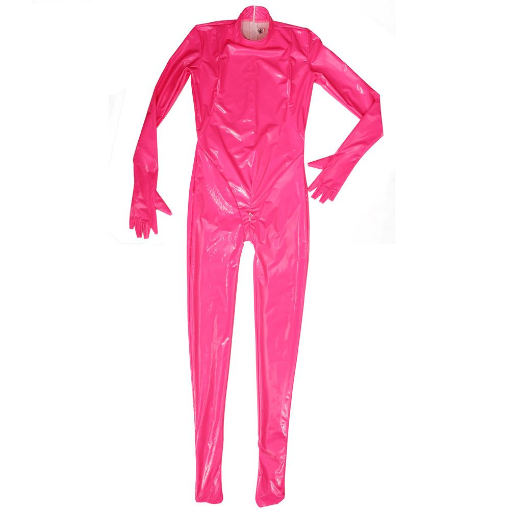 Tuta in Finta Lattice Colore Caramella Bodysuit in PVC Elastico Lucido Guanti a Mezza Dita Collant Sexy Modellante Body con Zip all'Incrotch