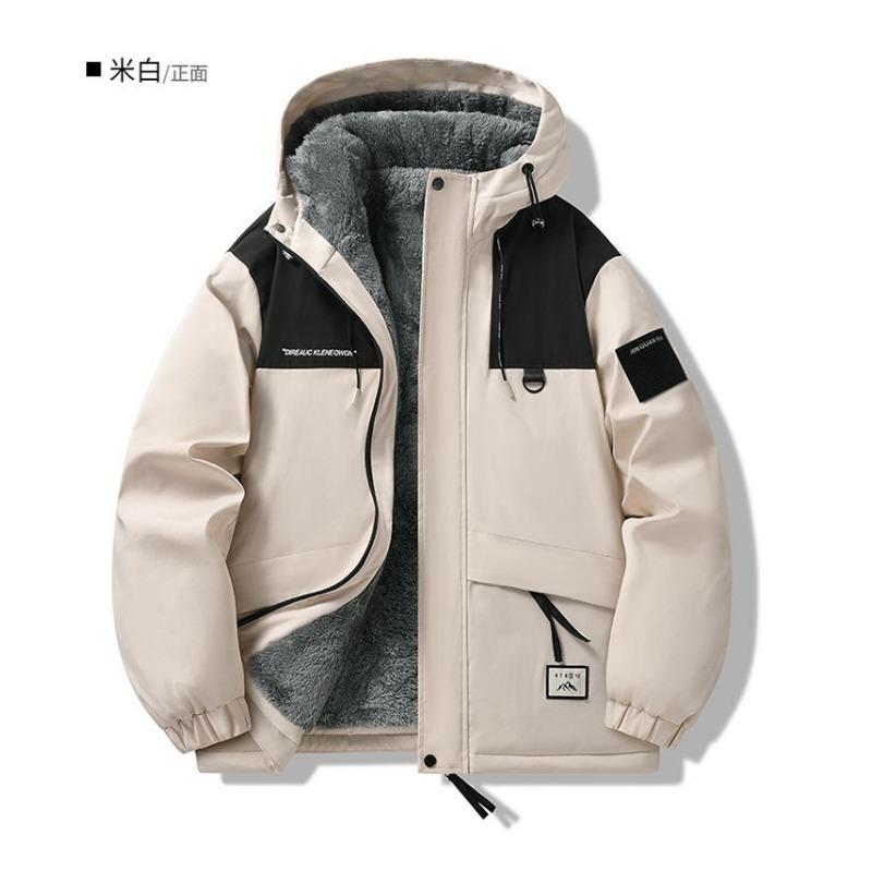 

Мужские куртки для улицы на осень-зиму, с плюшевой подкладкой и утолщенные свободные хлопковые пальто для водонепроницаемой рабочей одежды, теплые L бежевый
