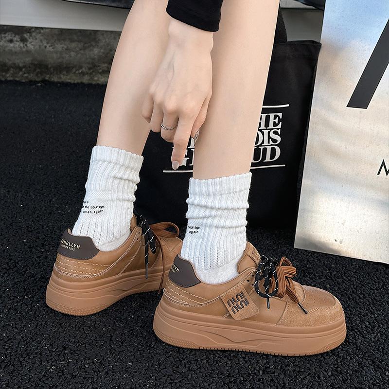 Leather platform women's spring new retro lace-up board shoes increase height and versatility