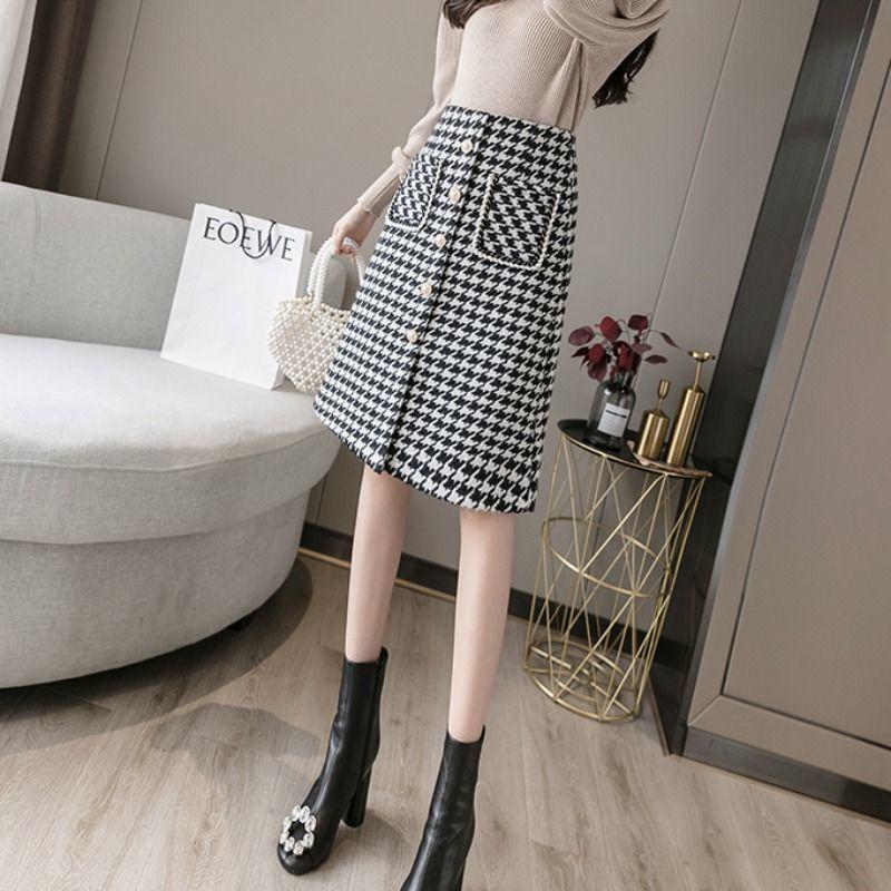 Ženy Houndstooth Kostk Luxusní perly Knoflíček Dělený Vysoký Pas Linka Vlna Teplá sukně Zima Podzim Jaro Móda Sexy sukně