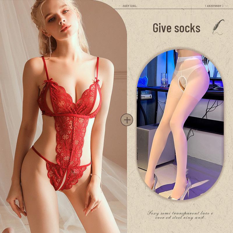 Midnight Whisper: Women's Sexy Lace Lingerie Bodysuit Set with Alluring Hollowed Design