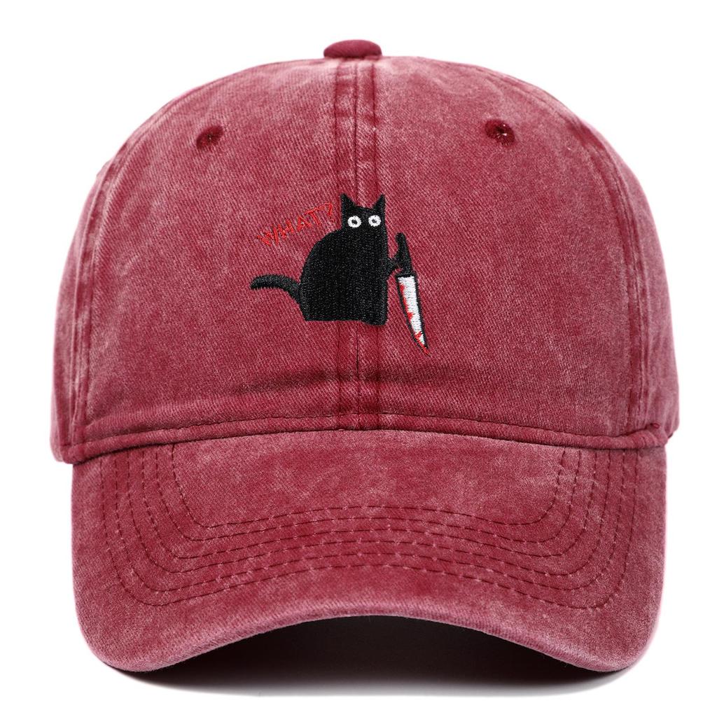 Unisex Black Cat Embroidered Washed Baseball Cap - Outdoor Summer Sun Hat, Hip Hop Style