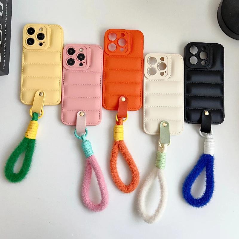 Fashion Down Jacket Phone Case For IPhone 16 Pro 15 14 13 12 Pro Max 11 Pro X XS Max Soft With Lanyard Protection Back Cover
