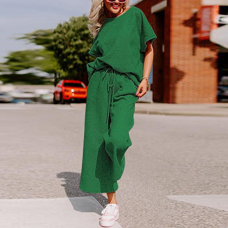 Sets for Women Summer Lounge Sets O-Neck Tops Wide Leg Crop Pants Vacation Travel Outfits