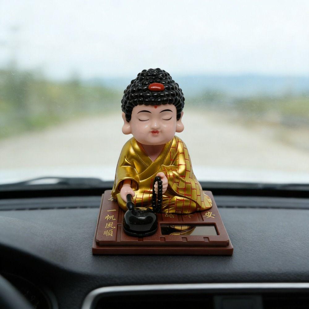 Solar Powered Buddha Car Ornament Nodding Motion Round Base Wooden Fish Figure Square Base Knocking Reciting Buddha Statue