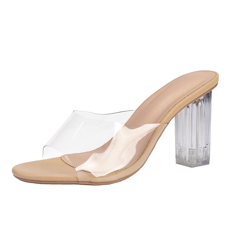 

Прозрачные туфли-шлепанцы на высоком каблуке женские новые хрустальный каблук сексуальные сандалии средний каблук толстый каблук 42 белый