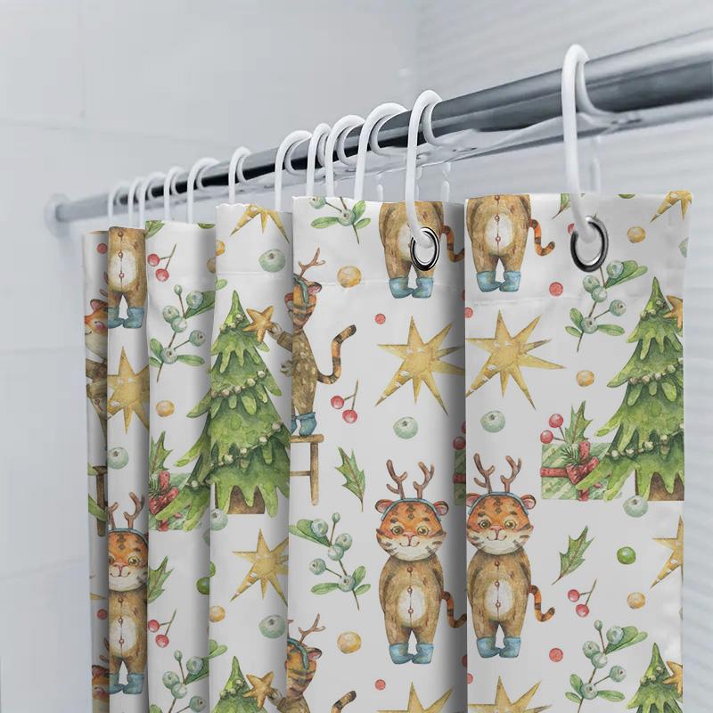 Watercolor Christmas Shower Curtain Festive Animal Print Decor For Bathroom Reindeer Trees Vivid Colors Eco-Friendly Fabric Mate