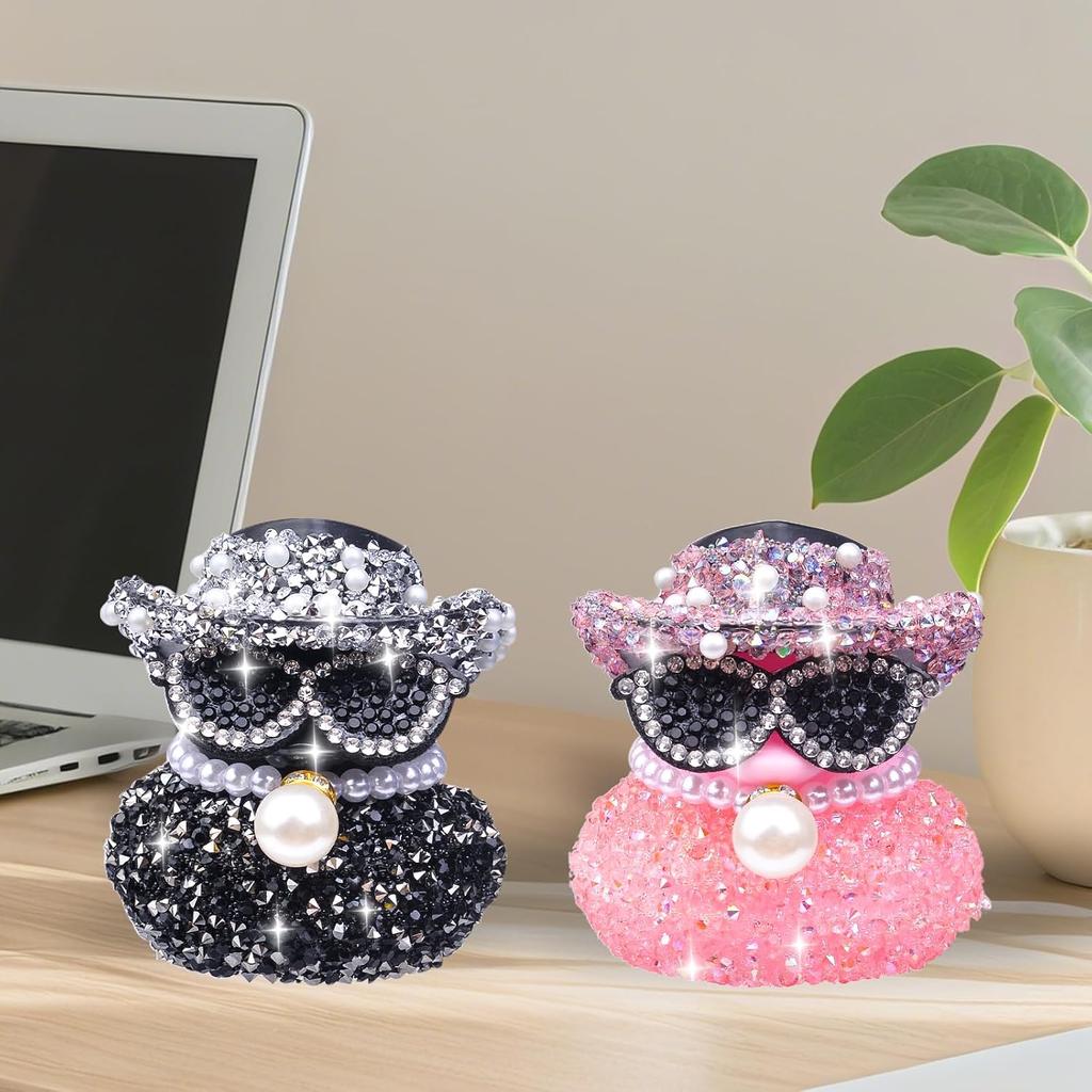 Rhinestones Rubber Duck Car Ornaments, 2Pcs Funny Diamond Ducks Car Dashboard Decorations Duck Accessories with Mini Shiny Cowboy Hat Necklace and