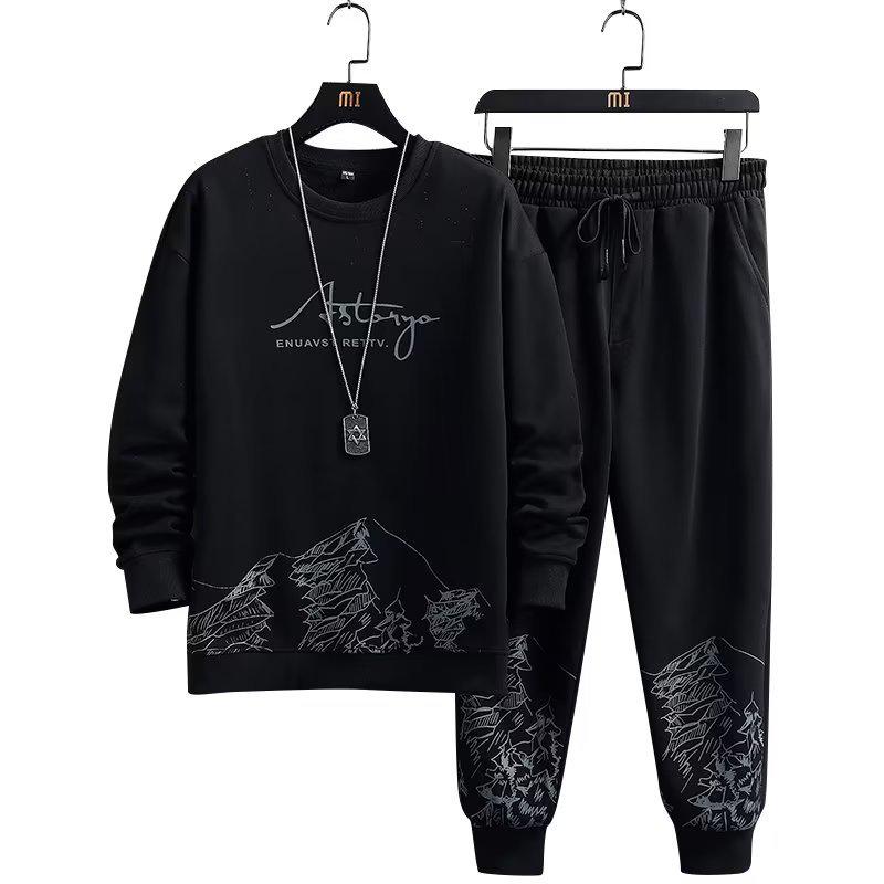 Men's Autumn Fashion Two-Piece: Snow Mountain Thin Imitation Cotton Long Sleeve Sweater & Round Neck Pullover