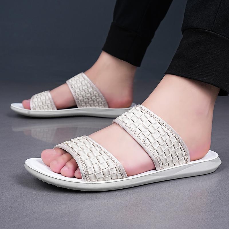 Men Black Leather Slippers Flats Summer Brown Sandals Outdoor White Wide Head Beach Shoes for Father Over Sized 46 47 48
