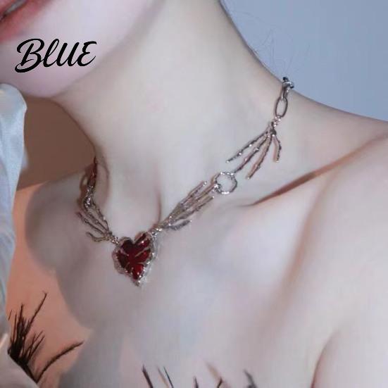 Chain Necklace Women Red Rhinestone Heart Pendant Skeleton Hand Shape