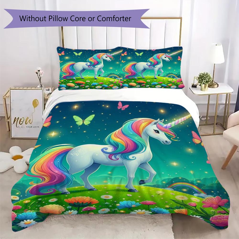 Pink Unicorn & Rose Print Bedding Set, Fantasy Duvet Cover Set (1 * Duvet Cover + 2 * Pillowcase, Without Core)
