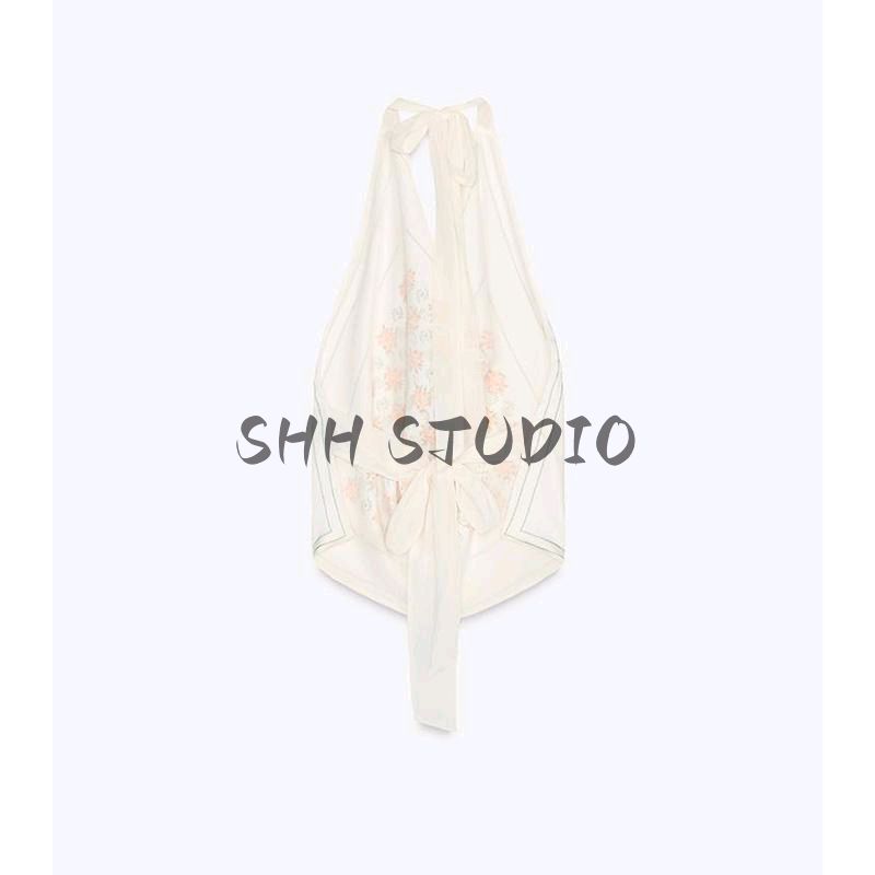 Spring New Women's Clothing Beach Seaside Halterneck Silk Satin Texture Print Bowknot Decoration Tops 2639915