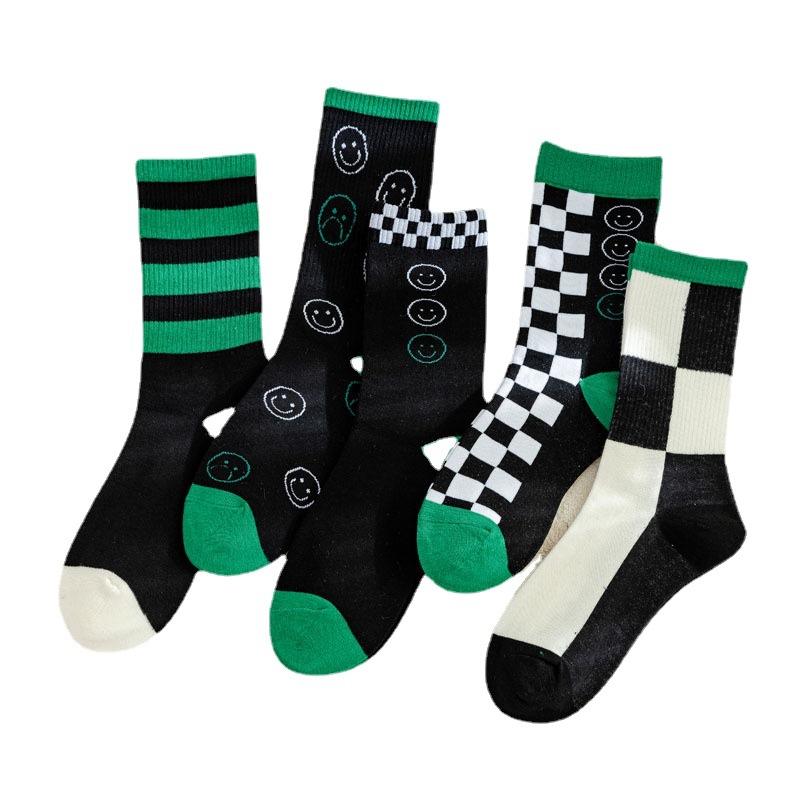 5/10 Pairs Green Checkered Black and White Pattern Mid Calf Socks Trendy Brand with Smiling Face Color Blocked Stripes Collegiate Style Cotton Socks