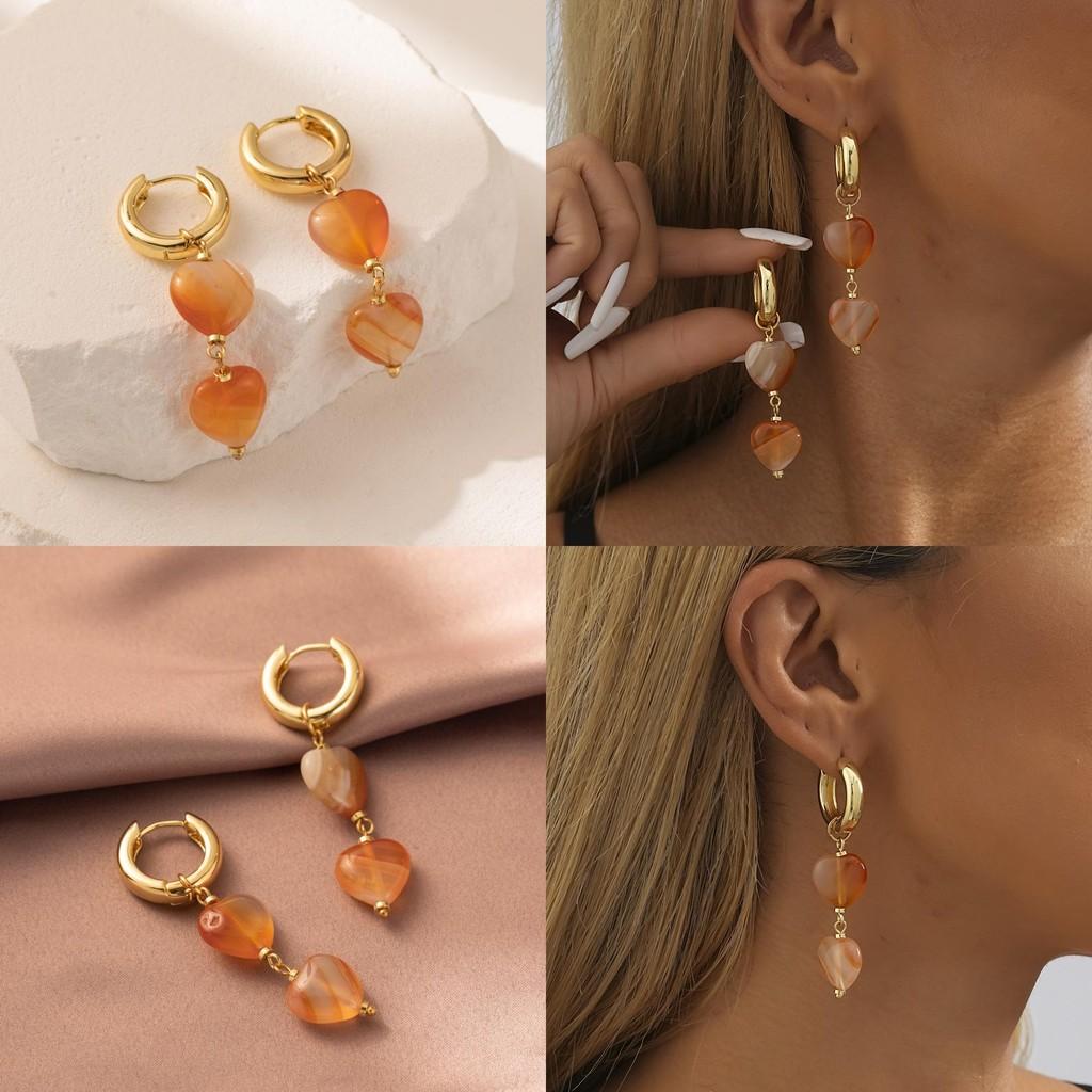 Fashionable Heart Shaped Natural Stone Earrings For Women Copper Electroplated