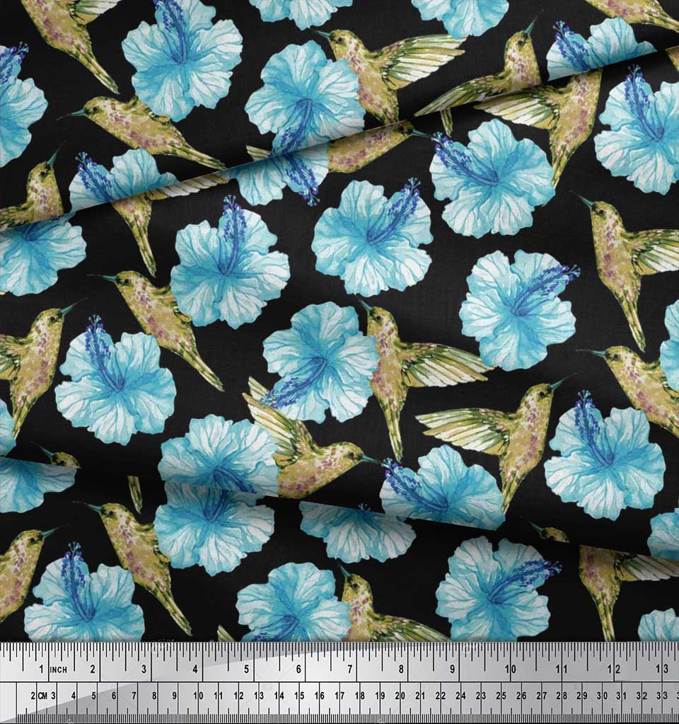 Soimoi Černá poly krepová látka s potiskem kolibříků a květin, látka na metr, 42 palců