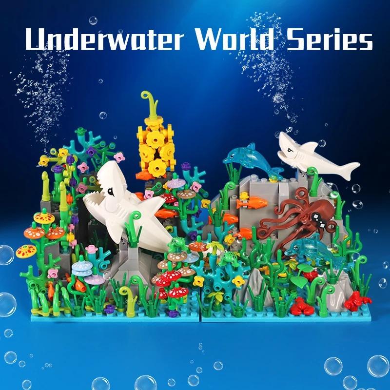 MOC Building Blocks Underwater World Creative Blocks Set Cute Animals Shark Octopus Seaweed Animal City Bricks Parts Kids Toys