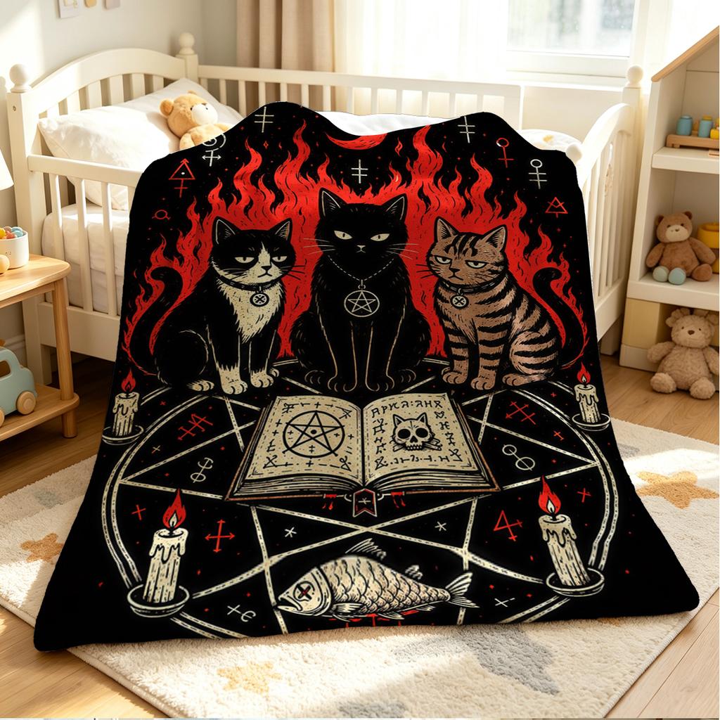 Witch Cats Flannel Blanket Warm Soft Halloween Christmas Couch Warm Cozy Decorative Decor Gift for All Season