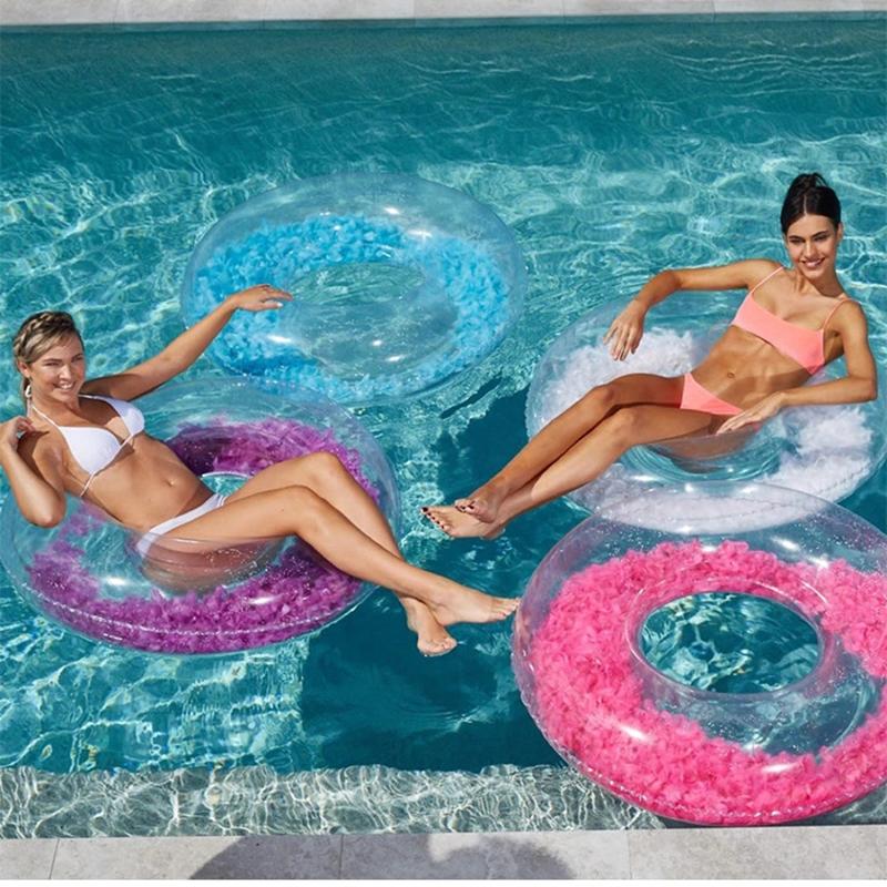 2022 Nouveau Design Plumes Bouée Gonflable Rose Blanc Bleu Cercle de Natation Style Ins Bouée Gonflable Tube Flotteur Radeau Femmes