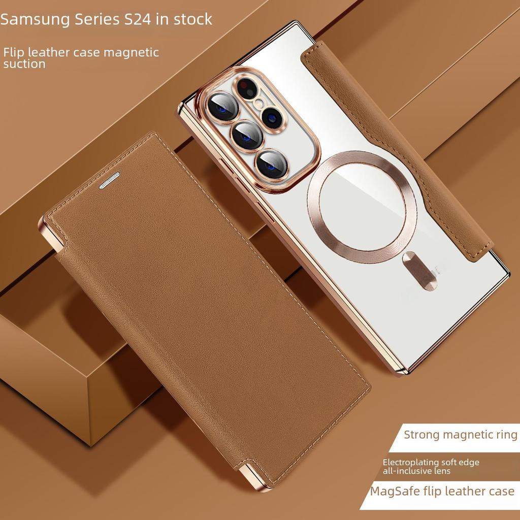 "Samsung S25Ultra Golden Shield Electroplated Leather Flip Case with Magnetic Suction, Anti-Fall for S24FE A06"
