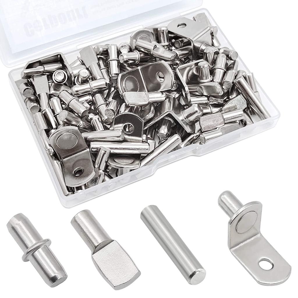104Pcs Shelf Pins Kit 4 Styles Nickel Plated Shelf Support Pegs Bookshelf Pegs for Cabinet Bracket for Kitchen Furniture Closet