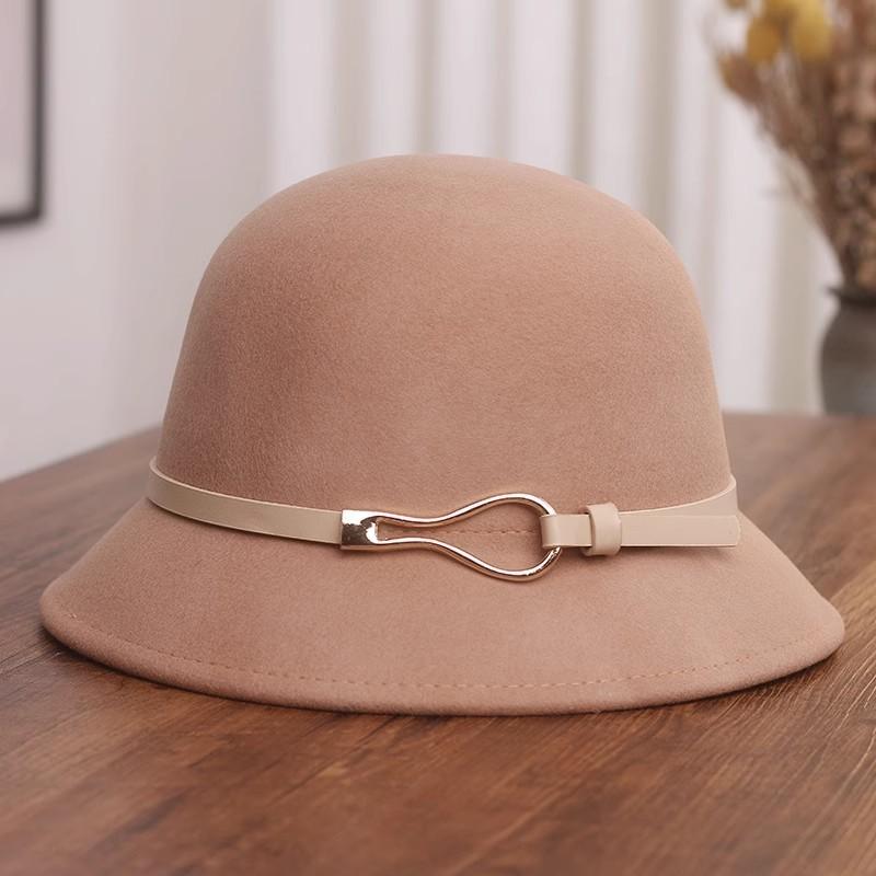 Hat female autumn and winter small edge belt buckle woolen bucket hat French retro top hat Hepburn style washbasin hat