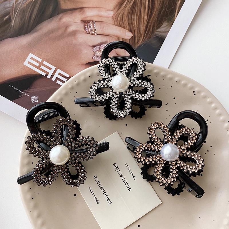 

2024 Pearl Rhinestone Flower Claw Clip for Women - Medium Size Half Updo Accessory