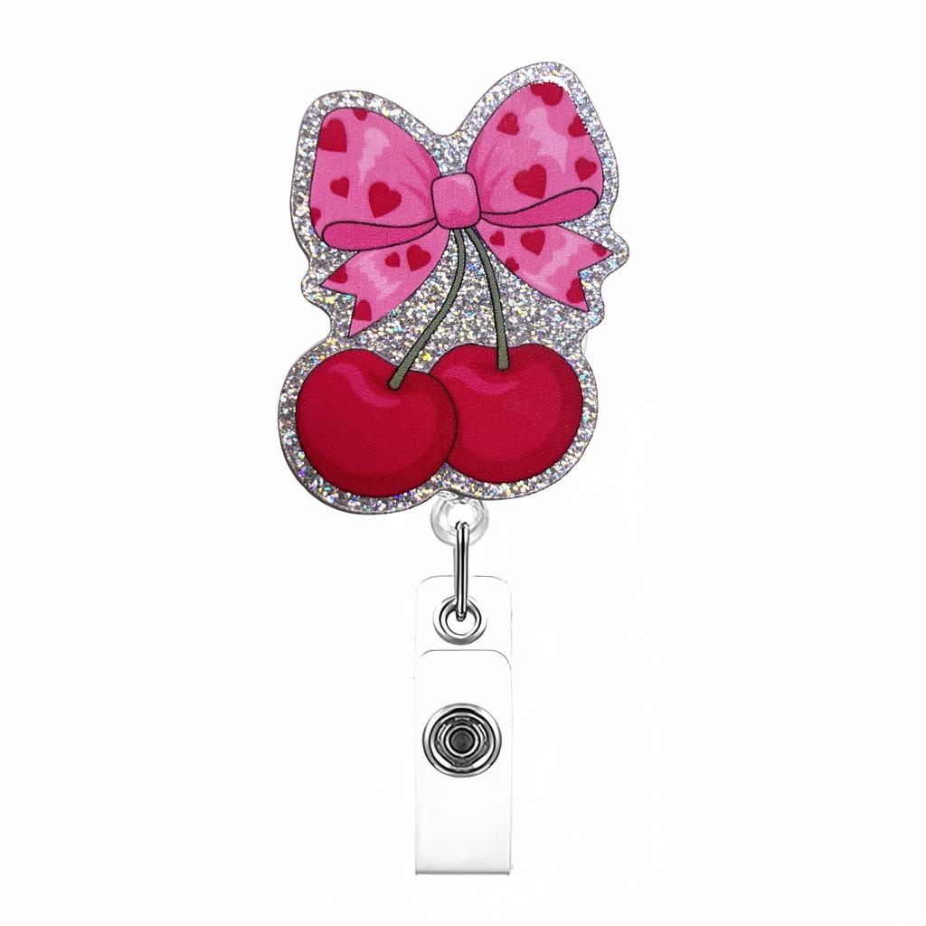 Bow Cherry Acrylic Badge Holder Sparkling Powder Medical Theme Retractable Pull Badge Reel Id Lanyard Name Tag Card Badge Holder