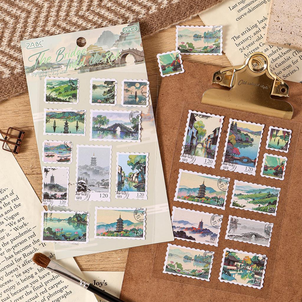 2sheets Ins City Scenery Adhesive Stamp Stickers DIY Handmade Scrapbook Message Envelope Decoration Aesthetic Stickers