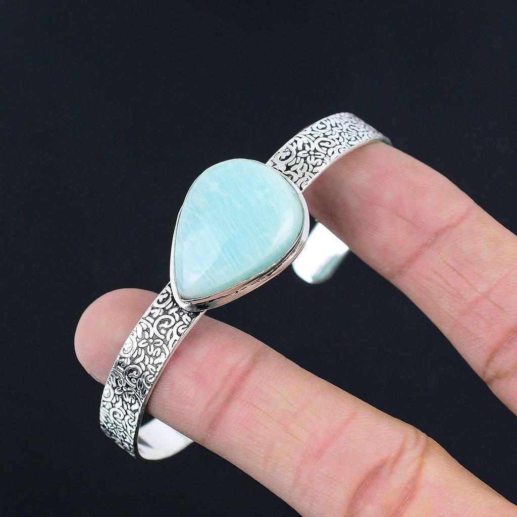 Friendship Day Sale Pear Natural Amazonite Sterling Silver Wife Handmade Bangle