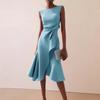 Dames Ronde Hals Mouwloze Midi Jurk Slim Fit Middelhoge Taille Elegante Ruche Split Cocktailjurk