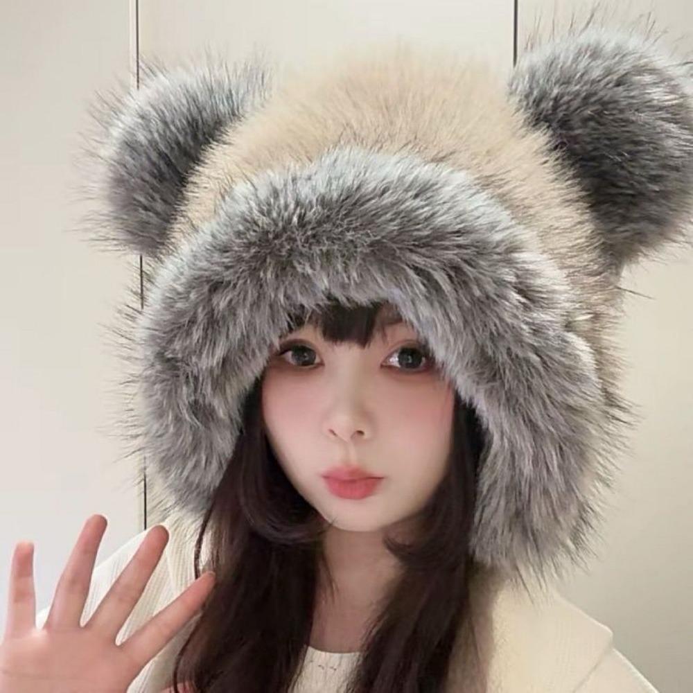 

Милая плюшевая шапка с медвежьими ушками, зимняя новинка, для велоспорта, с защитой ушей, теплая женская шапка бежевый